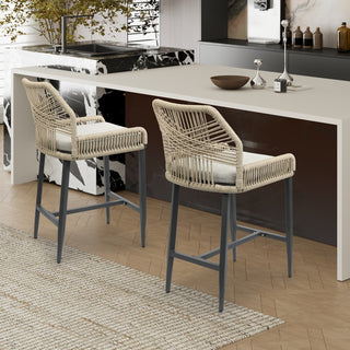 Outdoor Bar Stool with Armrests, Soft Cushion, Aluminum Frame, Textilene Braided Rope, Comfortable and Durable, Suitable for Home, Bar, Restaurant (Set of 2)