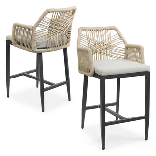Outdoor Bar Stool with Armrests, Soft Cushion, Aluminum Frame, Textilene Braided Rope, Comfortable and Durable, Suitable for Home, Bar, Restaurant (Set of 2)
