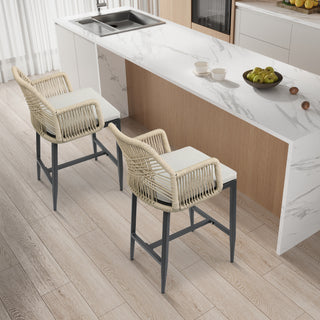 Outdoor Bar Stool with Armrests, Soft Cushion, Aluminum Frame, Textilene Braided Rope, Comfortable and Durable, Suitable for Home, Bar, Restaurant (Set of 2)