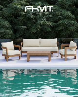 Assembly Free Sofa,,Outdoor Aluminum Sofa 3 Person Outdoor Seating Sofa, Wood Grain Veneer Sofa Set for Patio