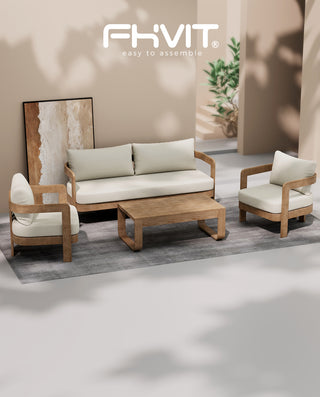 Assembly Free Sofa,,Outdoor Aluminum Sofa 3 Person Outdoor Seating Sofa, Wood Grain Veneer Sofa Set for Patio