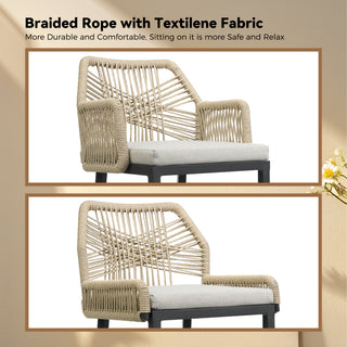 Outdoor Bar Stool with Armrests, Soft Cushion, Aluminum Frame, Textilene Braided Rope, Comfortable and Durable, Suitable for Home, Bar, Restaurant (Set of 2)