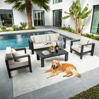 Quick-Assembly Outdoor Aluminum Sofa Set; 5 Person Outdoor Seating Sofa Set; Wood-Grain Veneer Sofa Set for Patio; Wide Armrest Triangular Aluminum Tube Sofa Set