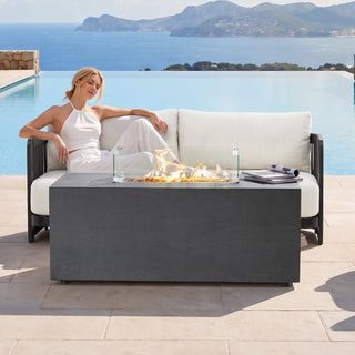2-in-1 Outdoor Fire Pit Coffee Table, Aluminum Frame Wood Grain Surface, All-Weather Fire Table for Patio