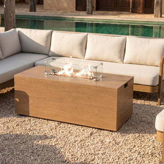 2-in-1 Outdoor Fire Pit Coffee Table, Aluminum Frame Wood Grain Surface, All-Weather Fire Table for Patio