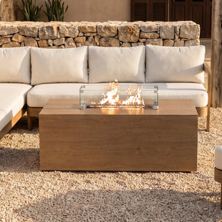 2-in-1 Outdoor Fire Pit Coffee Table, Aluminum Frame Wood Grain Surface, All-Weather Fire Table for Patio