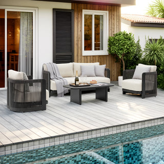 Modern Rope Woven Patio Sofa Set of 4 with Aluminum Frame and Wood Grain; Weather-Resistant Outdoor Conversation Set for Pool and Garden By FHVIT