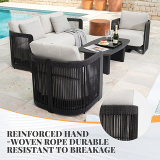 Modern Rope Woven Patio Sofa Set of 4 with Aluminum Frame and Wood Grain; Weather-Resistant Outdoor Conversation Set for Pool and Garden By FHVIT