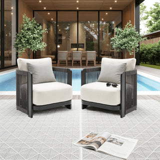 Modern Rope Woven Patio Sofa Set of 4 with Aluminum Frame and Wood Grain; Weather-Resistant Outdoor Conversation Set for Pool and Garden By FHVIT