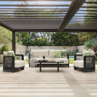 Modern Rope Woven Patio Sofa Set of 4 with Aluminum Frame and Wood Grain; Weather-Resistant Outdoor Conversation Set for Pool and Garden By FHVIT