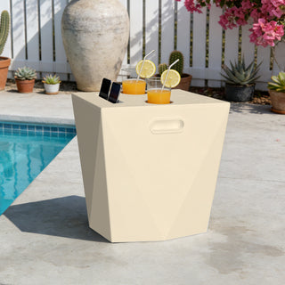 Assemble-Free Outdoor Side Table, Waterproof Plastic Pool End Table with 2 Cup Holders and 1 Tablet Holder for Patio