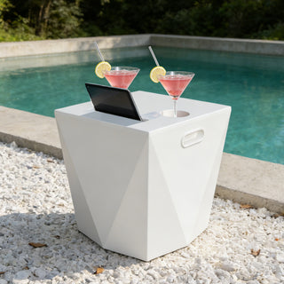 Assemble-Free Outdoor Side Table, Waterproof Plastic Pool End Table with 2 Cup Holders and 1 Tablet Holder for Patio