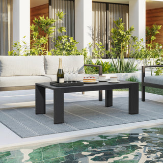 Quick-Assembly Outdoor Aluminum Coffee Table , Wood-Grain Veneer Coffee Table for Patio, Wide Armrest Triangular Aluminum Tube Coffee Table