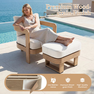 Assembly Free Ottoman, Wood Look Finish: 0% Deforestation, 100% Wood Soul, Outdoor Aluminum Ottoman, Wood Grain Veneer Ottoman for Patio