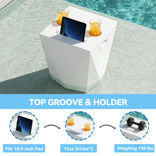Assemble-Free Outdoor Side Table, Waterproof Plastic Pool End Table with 2 Cup Holders and 1 Tablet Holder for Patio