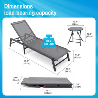 Outdoor Chaise Lounge Set, Aluminum Free-Assemble Outside Anti-Rust Pool Lounge Chairs, Lay Flat Sun Loungers for Tanning Poolside Yard Patio Deck Lounge Chairs, Table Included