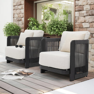 Modern Rope Woven Patio Sofa Set of 4 with Aluminum Frame and Wood Grain; Weather-Resistant Outdoor Conversation Set for Pool and Garden By FHVIT