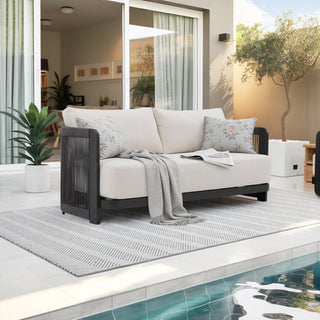 Modern Rope Woven Patio Sofa Set of 4 with Aluminum Frame and Wood Grain; Weather-Resistant Outdoor Conversation Set for Pool and Garden By FHVIT
