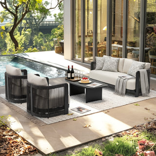 Modern Rope Woven Patio Sofa Set of 4 with Aluminum Frame and Wood Grain; Weather-Resistant Outdoor Conversation Set for Pool and Garden By FHVIT