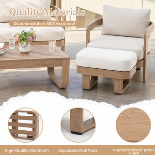 Assembly Free Ottoman, Wood Look Finish: 0% Deforestation, 100% Wood Soul, Outdoor Aluminum Ottoman, Wood Grain Veneer Ottoman for Patio