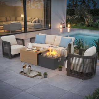 2-in-1 Outdoor Fire Pit Coffee Table, Aluminum Frame Wood Grain Surface, 2 Colors Design, All-Weather Fire Table for Patio