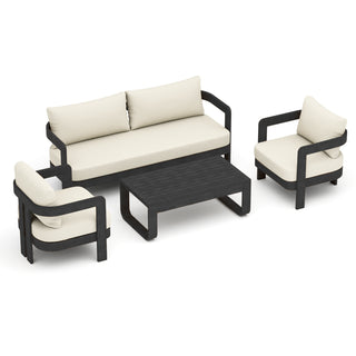 Assembly Free Sofa, Quick Assembly Coffee Table,Outdoor Aluminum Sofa Set, 5 Person Outdoor Seating Sofa, Wood Grain Veneer Sofa Set for Patio