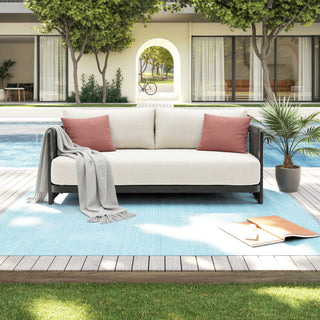 Modern Rope Woven Patio Sofa Set of 4 with Aluminum Frame and Wood Grain; Weather-Resistant Outdoor Conversation Set for Pool and Garden By FHVIT