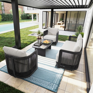 Modern Rope Woven Patio Sofa Set of 4 with Aluminum Frame and Wood Grain; Weather-Resistant Outdoor Conversation Set for Pool and Garden By FHVIT