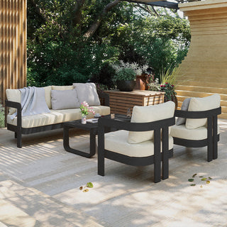 Assembly Free Sofa, Quick Assembly Coffee Table,Outdoor Aluminum Sofa Set, 5 Person Outdoor Seating Sofa, Wood Grain Veneer Sofa Set for Patio