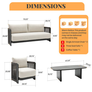 Modern Rope Woven Patio Sofa Set of 4 with Aluminum Frame and Wood Grain; Weather-Resistant Outdoor Conversation Set for Pool and Garden By FHVIT