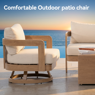 Quick Assembly Swivel Chair, Wood Look Finish: 0% Deforestation, 100% Wood Soul, Outdoor Aluminum Chair, Wood Grain Veneer Chairs for Patio