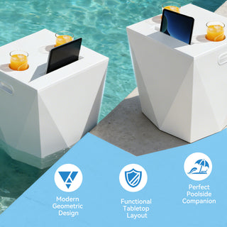 Assemble-Free Outdoor Side Table, Waterproof Plastic Pool End Table with 2 Cup Holders and 1 Tablet Holder for Patio