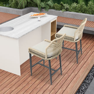 Outdoor Bar Stool with Armrests, Soft Cushion, Aluminum Frame, Textilene Braided Rope, Comfortable and Durable, Suitable for Home, Bar, Restaurant (Set of 2)