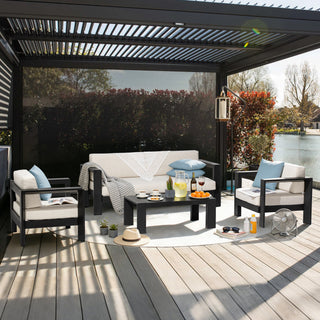 Quick-Assembly Outdoor Aluminum Sofa Set; 5 Person Outdoor Seating Sofa Set; Wood-Grain Veneer Sofa Set for Patio; Wide Armrest Triangular Aluminum Tube Sofa Set