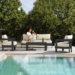 Assembly Free Sofa, Quick Assembly Coffee Table,Outdoor Aluminum Sofa Set, 5 Person Outdoor Seating Sofa, Wood Grain Veneer Sofa Set for Patio