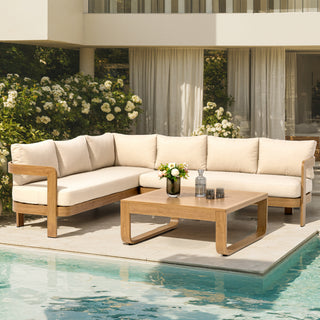 Outdoor Patio Powder-Coated Aluminum Sectional Sofa Set，Wood Look Finish: 0% Deforestation, 100% Wood Soul，Wood Grain Veneer Sectional Sofa Set for Patio