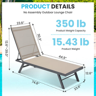 Assembly Free Outdoor Lounge Chair Set of 2, Aluminum Reversible Folding Lounge Chair, Lounge Chair with 5 Adjustable Positions, Indoor & Outdoor Lounge Chair (Set of 2)