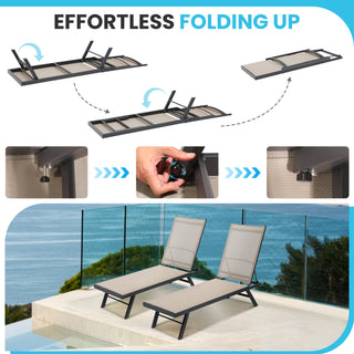 Assembly Free Outdoor Lounge Chair Set of 2, Aluminum Reversible Folding Lounge Chair, Lounge Chair with 5 Adjustable Positions, Indoor & Outdoor Lounge Chair (Set of 2)