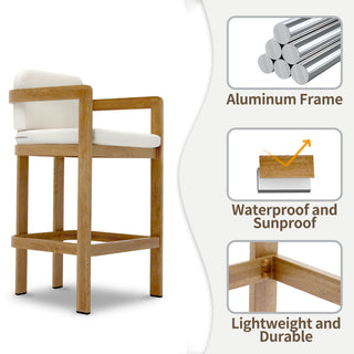 Quick-Assembly Bar Stool ,Wood-Grain Finish Aluminum Bar Stool, Weather-Resistant and Rustproof Ideal for Gardens and Patio (Set of 2)