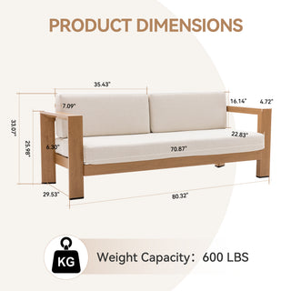 Quick-Assembly Outdoor Aluminum Sofa , 3 Person Outdoor Seating Sofa , Wood-Grain Veneer Sofa for Patio, Wide Armrest Triangular Aluminum Tube Sofa