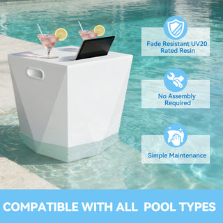 Assemble-Free Outdoor Side Table, Waterproof Plastic Pool End Table with 2 Cup Holders and 1 Tablet Holder for Patio